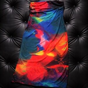 Commense Strapless Maxi Dress in Red, Blue and Green Abstract Print